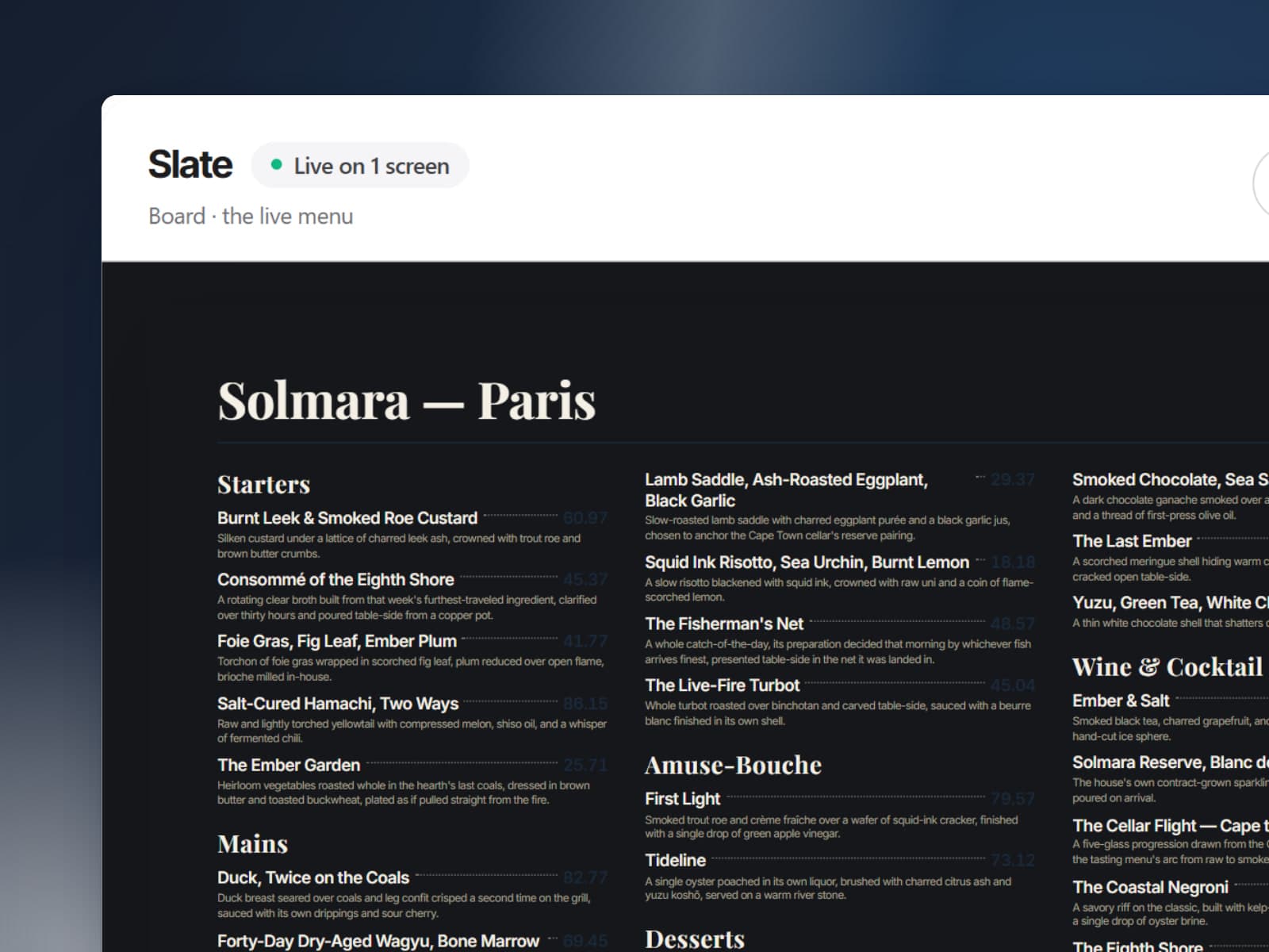 Digital menu board designed for a dining room screen, following the live menu automatically